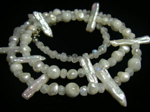 White Moonstone & Stick Pearl Silver Necklace - Leila Haikonen Jewellery