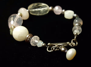 Rose Quartz, Pearl, Rainbow Moonstone, Chalcedony Silver Bracelet - Leila Haikonen Jewellery