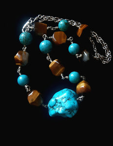 Huge Turquoise, Gold Tiger Eye, Silver Chain Necklace - Leila Haikonen Jewellery