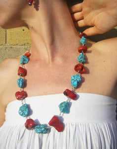 Huge Graduated Red Coral, Blue Turquoise, Silver Necklace - Leila Haikonen Jewellery