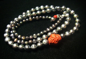 Black Pearls, Red Coral Carving, Sterling Silver Necklace - Leila Haikonen Jewellery