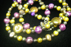 Purple, Yellow, Olive Pearls, Sterling Silver Necklace - Leila Haikonen Jewellery