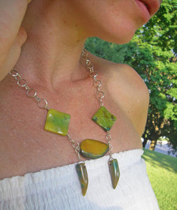 Tribal Yellow Green Agate, Silver Chain Necklace - Leila Haikonen Jewellery