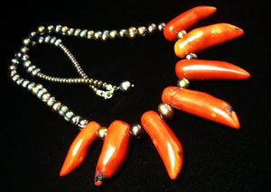 Red Coral, Black Pearls, Sterling Silver Necklace - Leila Haikonen Jewellery