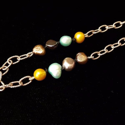 Yellow, Blue, Black, Green Pearls Knotted Silk, Silver Bracelet - Leila Haikonen Jewellery