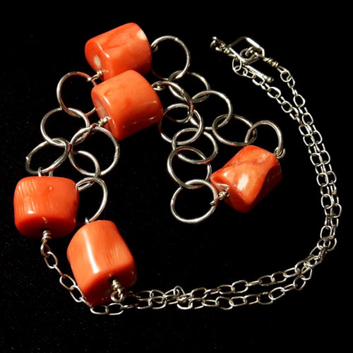 Orange Coral & Silver Chain Necklace - Leila Haikonen Jewellery