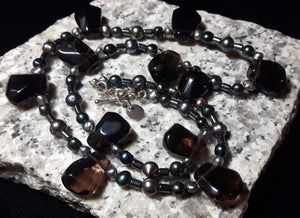 Smoky Quartz, Hematite, Black Pearls, Silver Necklace - Leila Haikonen Jewellery