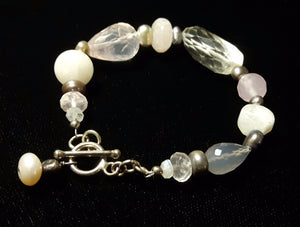 Rose Quartz, Pearl, Rainbow Moonstone, Chalcedony Silver Bracelet - Leila Haikonen Jewellery