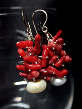 Red Coral Cluster & White Pearl Silver Earrings - Leila Haikonen Jewellery