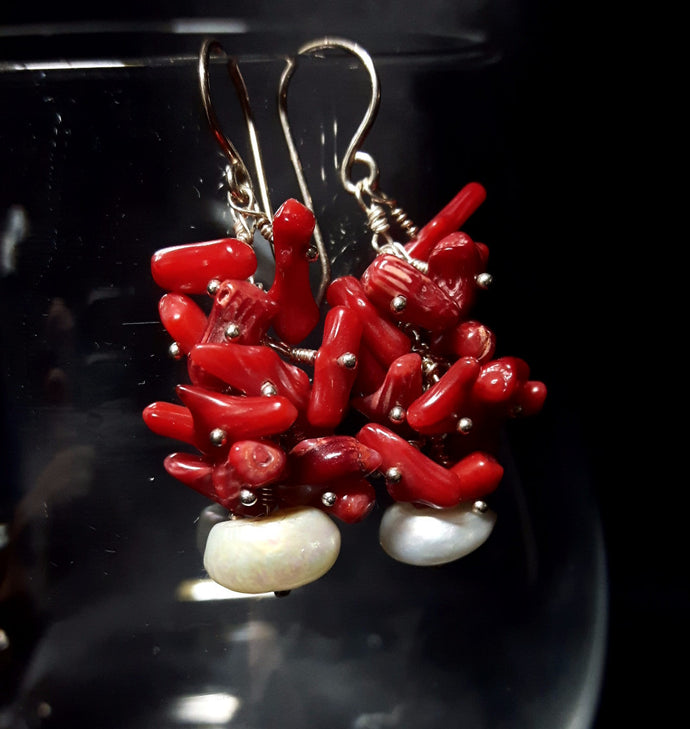 Red Coral Cluster & White Pearl Silver Earrings - Leila Haikonen Jewellery