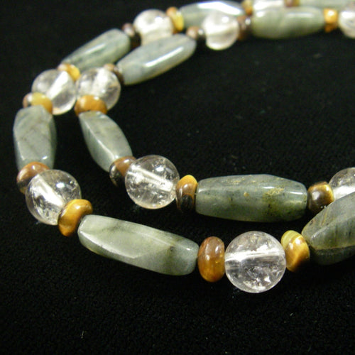 Grey Agate, Rutilated Quartz, Tiger Eye, Silver Necklace - Leila Haikonen Jewellery