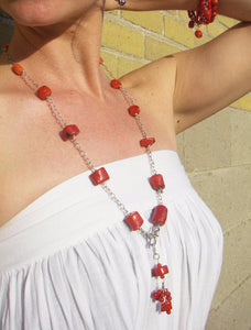 Red Coral Silver Chain Tassel Necklace - Leila Haikonen Jewellery