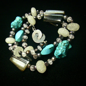 Rose Quartz, Banded Agate, Turquoise, Black Pearls, Silver Necklace - Leila Haikonen Jewellery