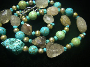 Blue Turquoise, Rutilated Quartz, Pearl, Silver Necklace - Leila Haikonen Jewellery