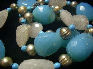 Blue Chalcedony, Rutilated Quartz, Pearl, Turquoise, Silver Necklace - Leila Haikonen Jewellery