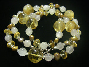 Golden Citrine, Rose Quartz & Pearl Silver Necklace - Leila Haikonen Jewellery