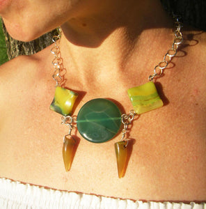 Tribal Green Yellow Agate, Silver Chain Necklace - Leila Haikonen Jewellery