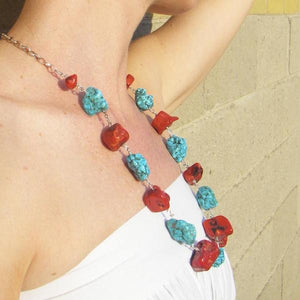 Huge Graduated Red Coral, Blue Turquoise, Silver Necklace - Leila Haikonen Jewellery