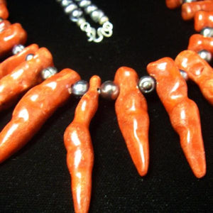 Huge Red Coral, Black Pearls, Sterling Silver Necklace - Leila Haikonen Jewellery