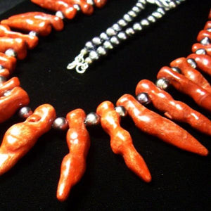 Huge Red Coral, Black Pearls, Sterling Silver Necklace - Leila Haikonen Jewellery