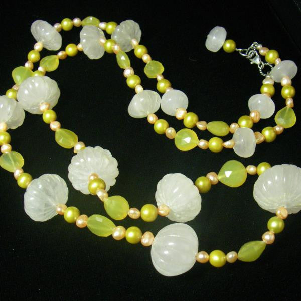 Rose Quartz, Yellow Chalcedony, Pearls, Sterling Silver Necklace - Leila Haikonen Jewellery