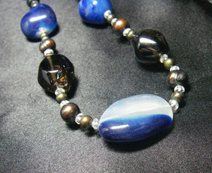 Blue Chalcedony, Smoky Quartz, Pearls, Silver Necklace - Leila Haikonen Jewellery