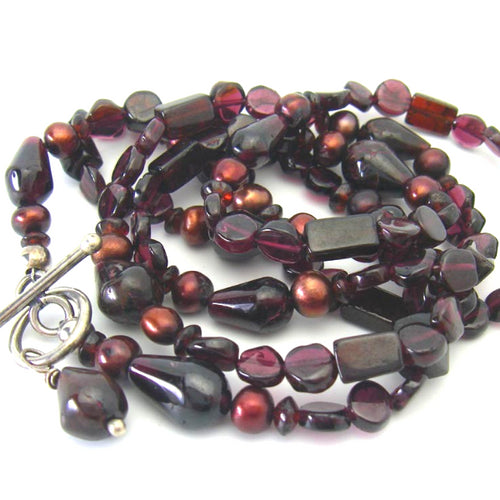 Red Garnet, Red Pearls, Long Silver Necklace - Leila Haikonen Jewellery