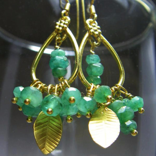 Emerald Earrings 24k Gold Vermeil over Sterling Silver Leaf - Leila Haikonen Jewellery
