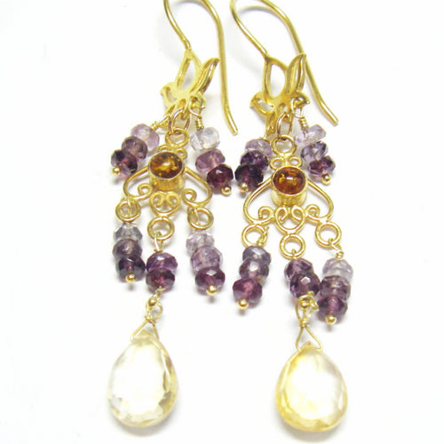 Purple Spinel, Citrine Earrings 24k Gold Vermeil over Sterling Silver - Leila Haikonen Jewellery
