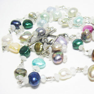 Gorgeous Colored Pearls, White Moonstone, Silver Necklace - Leila Haikonen Jewellery
