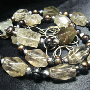 Rutilated Quartz, Black Pearl, Silver Chain Necklace - Leila Haikonen Jewellery