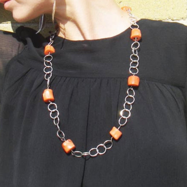 Orange Coral, Silver Chain Necklace - Leila Haikonen Jewellery