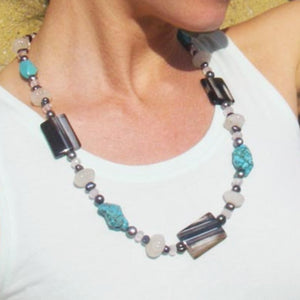 Rose Quartz, Banded Agate, Turquoise, Black Pearls, Silver Necklace - Leila Haikonen Jewellery