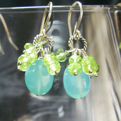 Aqua Chalcedony, Green Peridot Silver Earrings - Leila Haikonen Jewellery