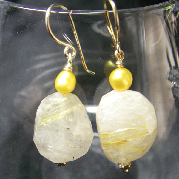 Rutilated Quartz, Yellow Pearl, Silver Earrings - Leila Haikonen Jewellery