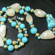 Blue Turquoise, Rutilated Quartz, Pearl, Silver Necklace - Leila Haikonen Jewellery