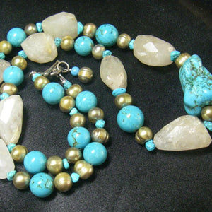 Blue Turquoise, Rutilated Quartz, Pearl, Silver Necklace – Leila ...