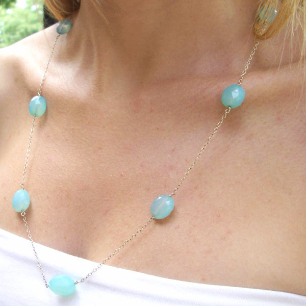 Sea Blue Chalcedony, Silver Chain Necklace - Leila Haikonen Jewellery