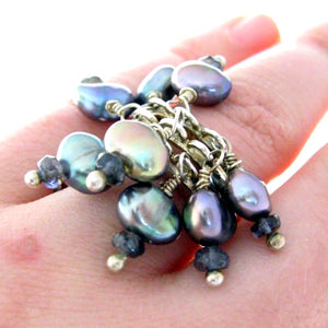 Black Pearl, Iolite, Silver Cocktail Cluster Ring Size 6 - Leila Haikonen Jewellery