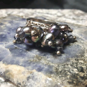 Black Pearl, Iolite, Silver Cocktail Cluster Ring Size 6 - Leila Haikonen Jewellery