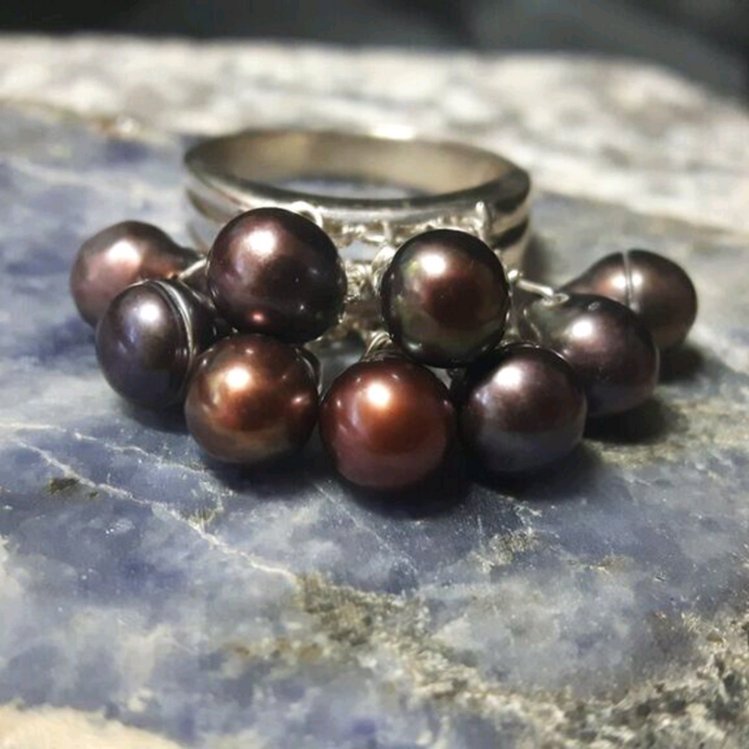 Black Pearls, Sterling Silver Cluster Cocktail Ring Size 9 - Leila Haikonen Jewellery